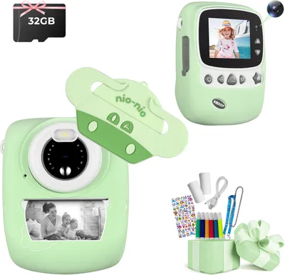 Produktbild von KinderKamera DigitalKamera Print Sofortbildkamera 2,4 Zoll Bildschirm 1080P Videokamera Schwarzweiß Fotokamera mit 32GB SD-karte, 3 Rollen Druckpapier, 6 Farben Pinselstift Geschenk für Kinder