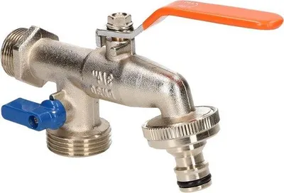 Image de Robinet à double bec avec raccords de tuyau de 3/4 pouce et 1 pouce - Robinet extérieur avec point d'eau - Robinet à double vanne à bille