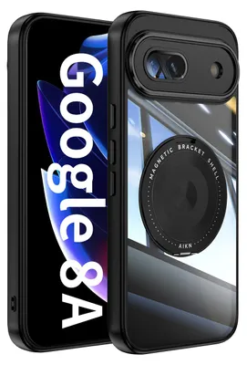 Produktbild von Handyhülle für Google Pixel 8A Transparent Militärschutz mit Magnetring Ständer und Kameraabdeckung Schwarz