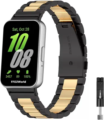 Produktbild von FFO2World Stahlgliederarmband - Passend für Samsung Galaxy Fit 3 - Metallarmband aus Edelstahl - Schwarz/Gold (Inklusive Kürzungswerkzeug)