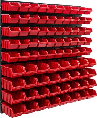 A wall-mounted storage system with multiple red bins.