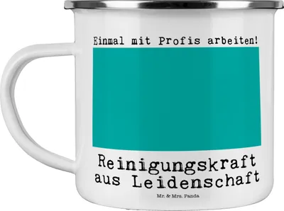 Produktbild von Mr. & Mrs. Panda Emailletasse Reinigungskraft Leidenschaft - Weiß - Geschenk, Teetasse, Emaille Becher, Kaffeepott, Tasse, Pott, Blechtasse