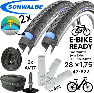 Produktbild von 2x Schwalbe Marathon Plus 28" x 1,75" (47-622) Reifen, Reifenheber, Schläuche AV 17 Set