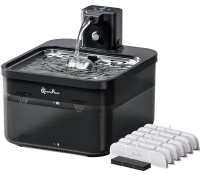 Immagine prodotto di Fontanella per gatti da 2,5 litri, senza fili, nera, con 6 filtri, sensore di movimento, batteria da 4000 mAh, vassoio in acciaio inossidabile