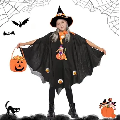 Productafbeelding van Halloweenkostuum Kinderen - Heksen Cape - Feest Cosplay - Met Hoed - 90-150 cm - Zwart