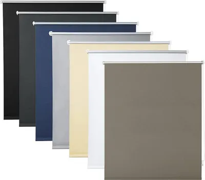 A collection of roller blinds in various colors, arranged in a staggered formation.