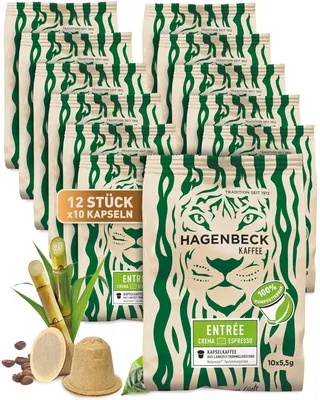 Produktbild von HAGENBECK ENTRÉE Crema Espresso 120 Kapseln | Biologisch abbaubare Kaffeekapseln | kompatibel mit Nespresso-Maschinen | Nachhaltig & Aluminiumfrei