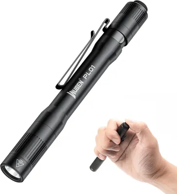 A black LED pen flashlight is shown against a white background, with a hand holding a smaller version of the flashlight in the lower right corner.