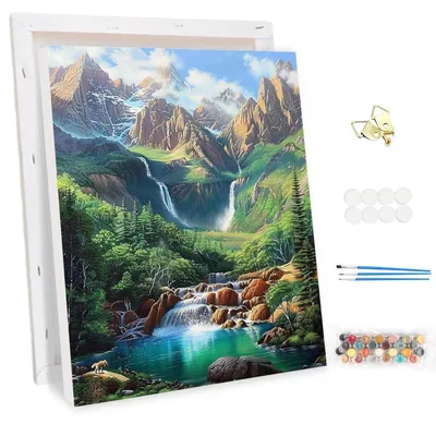 Immagine prodotto di Kit per dipingere per numero, con cornice, soggetto: paesaggio con montagna e fiume, dimensioni 30x40 cm, include colori acrilici, pennelli e istruzioni per il fai-da-te