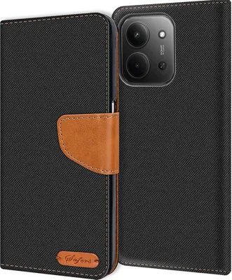 A black flip case for a smartphone, with a brown leather accent and a small brown logo on the bottom left.