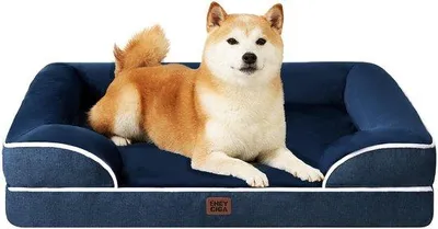 Image de Lit orthopédique pour grands chiens, 91 x 68 x 15 cm, lit en mousse à mémoire de forme, lavable, imperméable, antidérapant, à bords surélevés, bleu marine