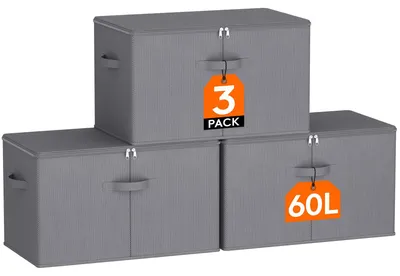 Produktbild von Aufbewahrungsbox mit Deckel, faltbare Aufbewahrungsbox aus Vliesstoff mit Griff, faltbarer Kleiderschrank-Organizer, Kleideraufbewahrungsbox, grau, 56 x 32 x 33