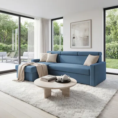 Produktbild von Ecksofa Vega L mit Schlaffunktion Zero-Wall Funktion Samtsofa 224 cm Blau