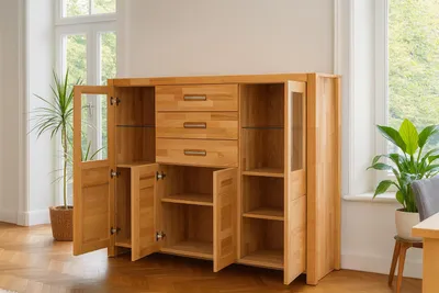 Produktbild von Highboard Sideboard Glasvitrine Kernbuche geölt Schubladenkommod #4398