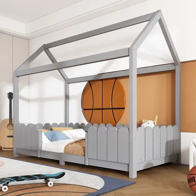 Produktbild von Hausbett mit Lattenrost, 90x200 cm, Kinderbett mit Rausfallschutz, Jugendbett, Einzelbett, Kiefer
