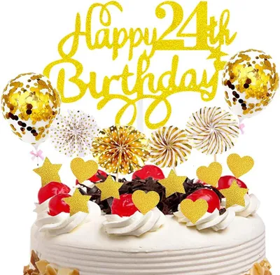 Produktbild von Goldenes Kuchendekorationsset „Happy Birthday“ mit Luftballons zum 32. Geburtstag