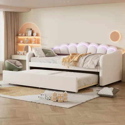 Productafbeelding van Daybed met Uitschuifbed - Slaapbank Bankbed - Gastenkamer Inrichten - Met Sfeerverlichting - 90 x 200 cm - Beige