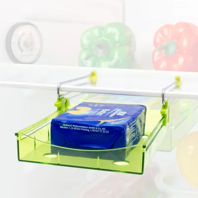 Produktbild von 2 Stück Butterfach Set mit Saugnapfhalter als Ersatzschublade für Kühlschrank Ausziehbar Zusatzfach für Medikamente Lebensmittel Kunststoff Schublade