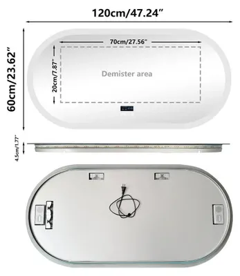 Zdjęcie produktu dla Duży lustro do łazienki - Owalne, LED, montowane na ścianie - Bluetooth - Wyświetlacz cyfrowy - Podświetlenie przednie i tylne - Antyfog - 120x60 cm