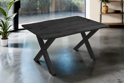 Produktbild von Esstisch Josy | 160 x 85 cm | Holz-Optik in Grau | X-Gestell Metall schwarz | 40 mm Tischplatte mit Baumkante | Tisch für Esszimmer & Küche