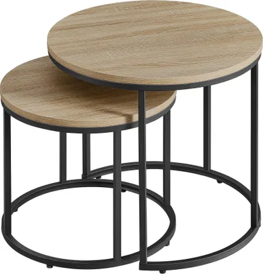 Produktbild von Couchtisch 2er Set Rund Beistelltisch Loft Design 2 in 1 Verschachtelung kratzfeste Oberfläche, Wohnzimmer | 53cm und 43cm Breit Sonoma Eiche mit schwarzen Beinen