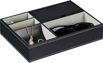 Produktbild von Grauer Schmuck-Organizer in Lederoptik für Ringe und Manschettenknöpfe mit 4 Fächern und staubabweisendem Deckel
