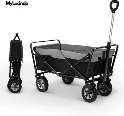 Image de Chariot pliable Bolderkar 100 L avec poignée réglable et compartiment latéral, noir, adapté à tous les types de terrain, charge maximale de 80 kg