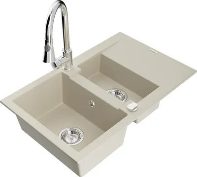 Immagine prodotto di Mexen Gaspar lavello in granito 1,5 vasche con sgocciolatoio e miscelatore da cucina Elia, beige - 6507-69-670101-00
