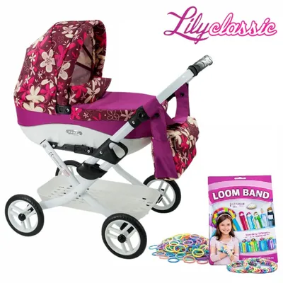 Produktbild von Puppenwagen, klappbar, Adbor Lily Classic – lila mit Blumenmuster + Tasche + Korb