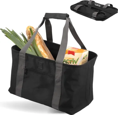 Produktbild von eluno Einkaufskorb STELLE, platzsparend faltbar, stabile Einkaufstasche, verstärkter Boden, Picknickkorb, Polyester wasserabweisend, schwarz