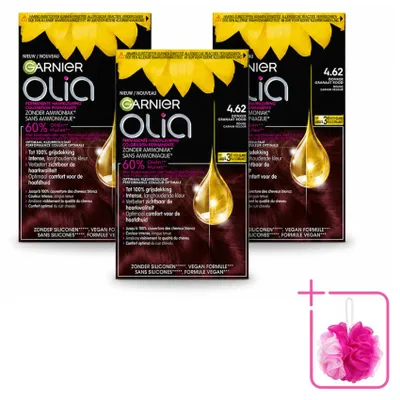 Productafbeelding van 3 x Garnier Olia 4.62 Permanente Haarkleuring - Donker granatrood - Zonder ammonia - Voordeelpakket - 3 stuks