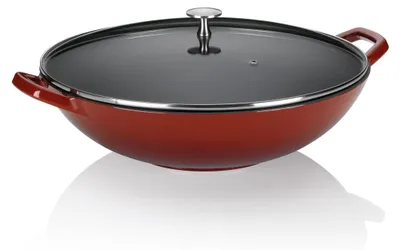 Image de Poêle à frire en fonte émaillée avec couvercle résistant à la chaleur - Ø 36 cm, rouge