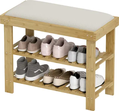 Produktbild von Schuhbank mit Sitzfläche, Bambus Sitzbank mit Stauraum, 2 offene Fächer, Sitzbank 60 x 29 x 49 cm Cremeweiß