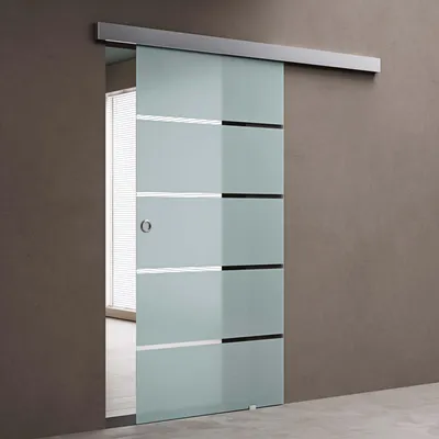 Produktbild von doporro Glasschiebetür komplettset 90 x 205cm Schiebetür mit ESG 15mm Wandabstand Zimmertür Glas 5-Milchglas-Streifen mit Muschelgriff