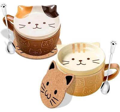 Productafbeelding van Keramische kattenbekers met deksel, set van 2, bruin en geel