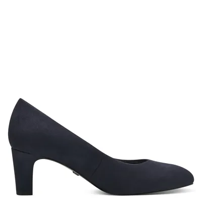 A single navy blue pump shoe is shown from the side against a white background.