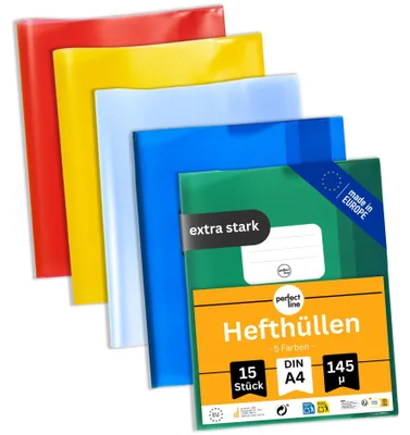 Produktbild von perfect line 15 Hefthüllen DIN A4 bunt, 5 Farben, glasklar extra stark - Heftumschlag 145 my PP, dokumentenecht