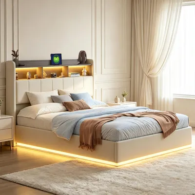 Produktbild von INONEFT Polsterbett 160x200cm mit LED und USB, hydraulisches Stauraumbett, Doppelbett mit Stauraum und Lattenrost, Jugendbett mit Kopfteil,Samt, Beige