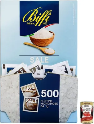 Produktbild von BiffiFino Iodato,Feines jodiertes Speisesalz, Salz 500 Portionsbeutel à 1g + Italian Gourmet Polpa di Pomodoro 400g Dose