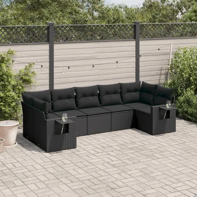 Produktbild von Design 7-tlg. Garten-Sofagarnitur mit Kissen Schwarz Poly Rattan, Gartenmöbel-Sets 2024 Neu