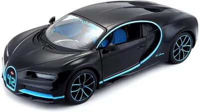 A black Bugatti Chiron model car with blue accents is displayed on a white background.