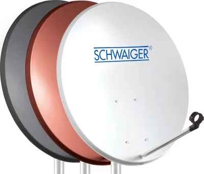 Three satellite dishes of different colors are shown side-by-side.