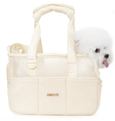 Immagine prodotto di Borsa da trasporto per cani di piccola taglia, in cotone, dimensioni 33x15x24 cm, color beige, ideale per viaggi