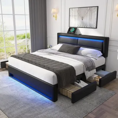Produktbild von Polsterbett mit USB-Anschluss (unterstützt kabelloses und kabelgebundenes Laden), mit LED-Beleuchtung und vier Schubladen, ohne Matratze, 140 x 200 cm