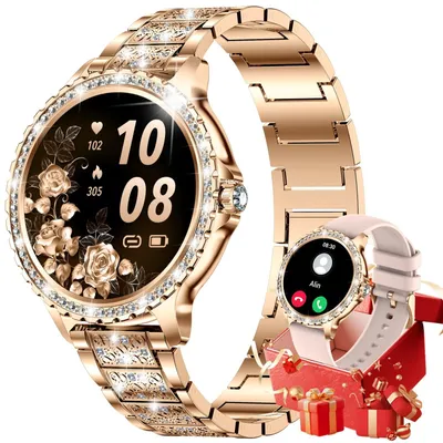 Produktbild von Smartwatch Damen mit Telefonfunktion Armbanduhr mit Diamanten für Android iOS Menstruationszyklus Herzfrequenz 500+ Ziffernblätter 2 Armband Rotgold