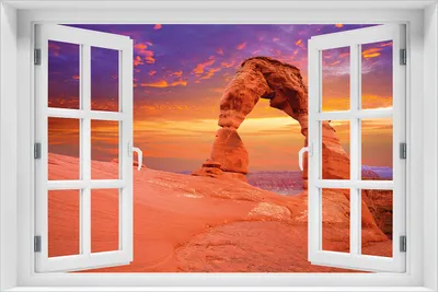 Produktbild von Wallario Wandbild aus Acryl, 60 x 90 cm, freischwebende Optik - Steinbogen vor einem farbenfrohen Himmel in lila-rot mit Fenster-Illusion