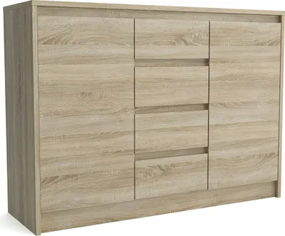 A light brown wooden sideboard with two doors and four drawers.