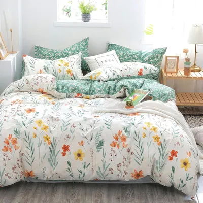 Produktbild von Bettwäsche mit Blumenmuster 100% Baumwolle 135x200cm Reißverschluss 4tlg Grün