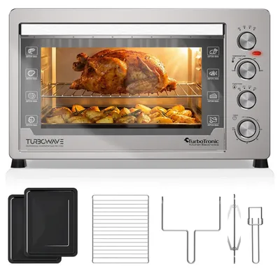 Produktbild von TurboTronic XXL Tischbackofen – EVS60 – 60 Liter, Umluft, Drehspieß, Edelstahl, 2 Backbleche, 2500 W, XL Elektrobackofen mit Timer & Innenbeleuchtung silber