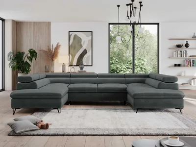 Produktbild von Wohnzimmersofa mit Schlaffunktion, U-form, verstellbare Kopfstützen, Bettkasten - PEDRO U - Velvet - Dunkelgrau